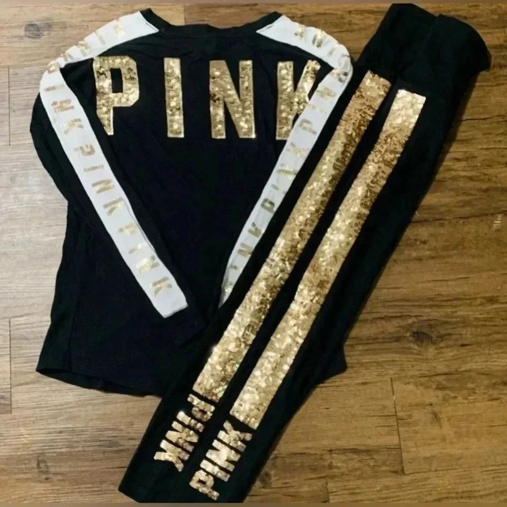 VS PINK  GOLD BLING CAMPUS SHIRT / LEGGINGS S